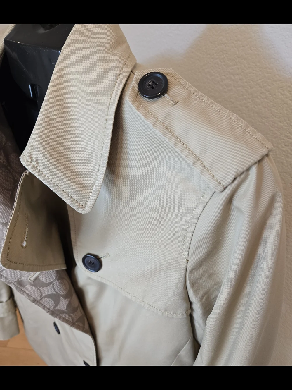Coach Khaki Short Double-Breasted Trench Coat with Belt